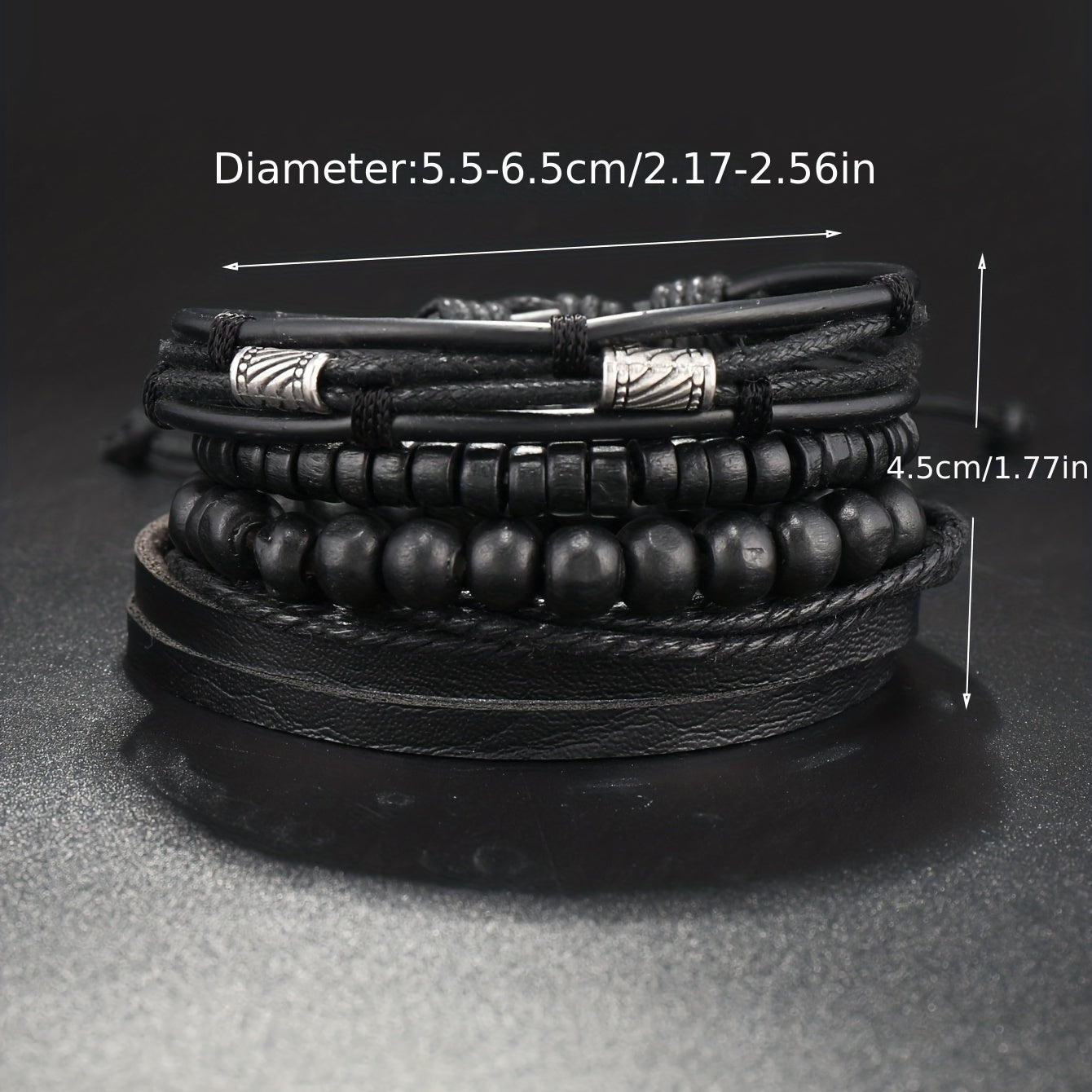4pcs/set Trendy Boho Bead Black Multilayer PU Leather Bracelet For Men, Holiday Birthday Gift For Boyfriends