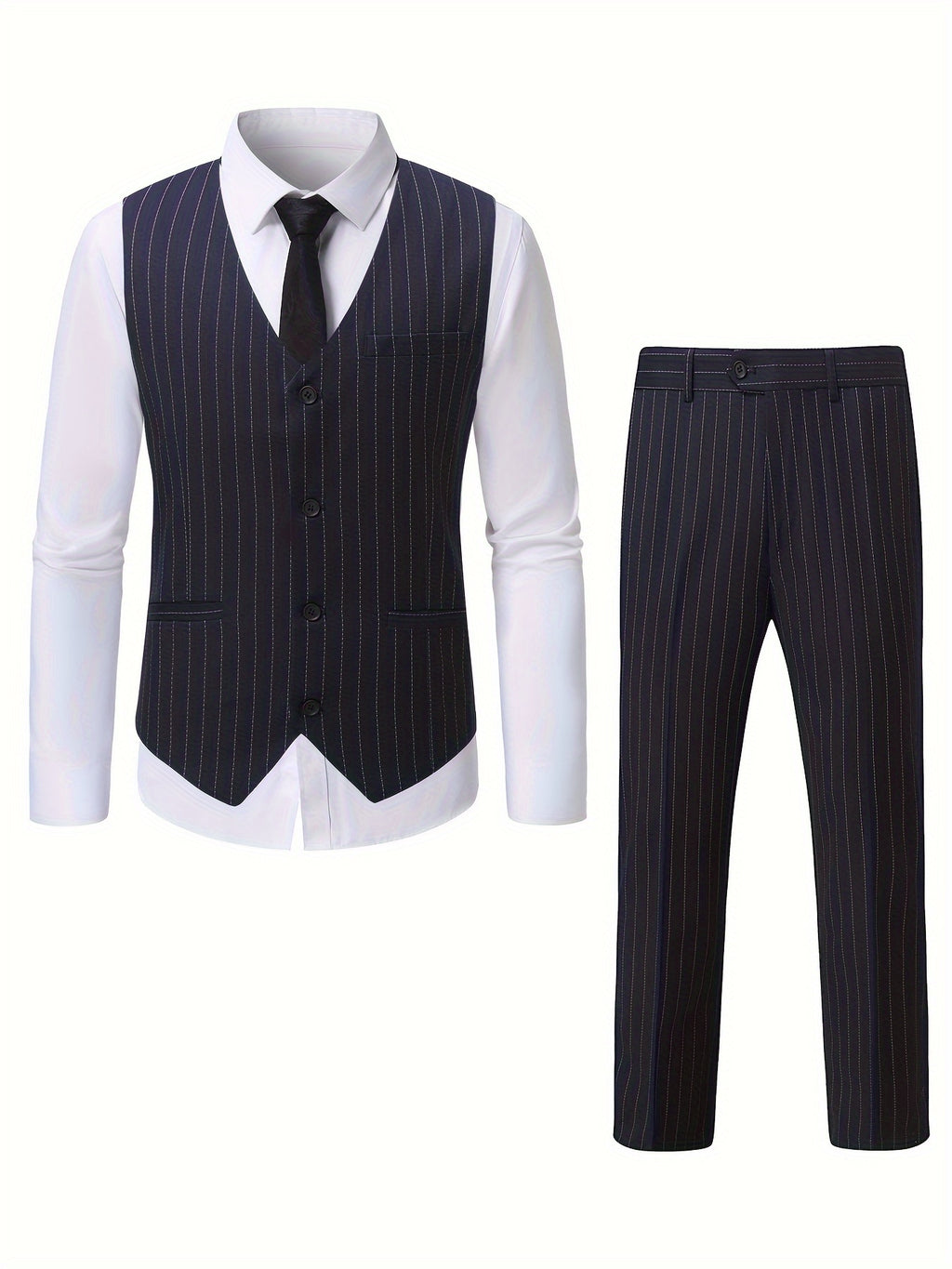 2 Pieces Formal Suit Set - Stylish Striped Pattern, Classic Single Breasted Design, Includes Vest and Dress Pants - Perfect for Business, Dinner, Wedding Party, Exclusively for Men