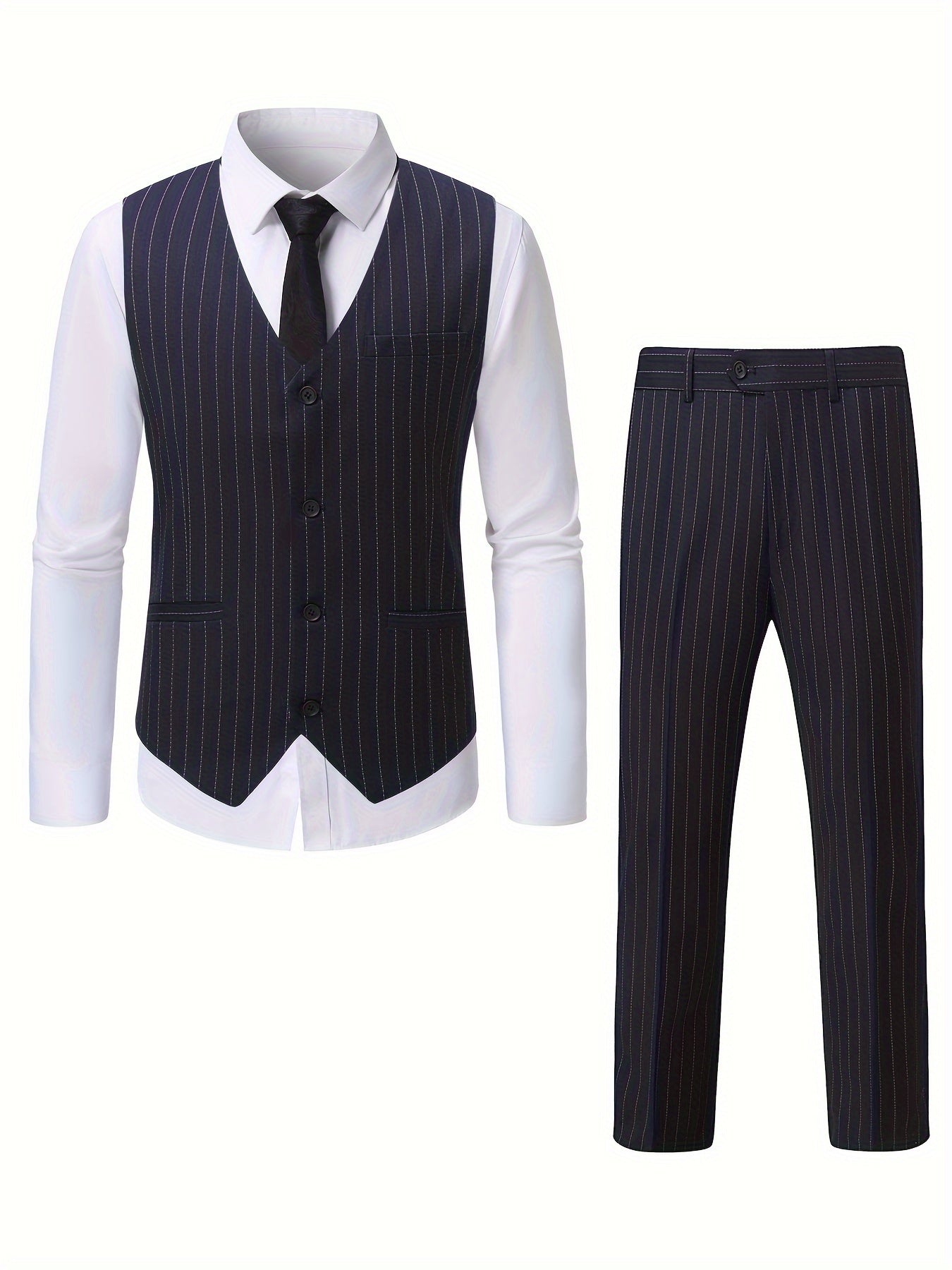 2 Pieces Formal Suit Set - Stylish Striped Pattern, Classic Single Breasted Design, Includes Vest and Dress Pants - Perfect for Business, Dinner, Wedding Party, Exclusively for Men