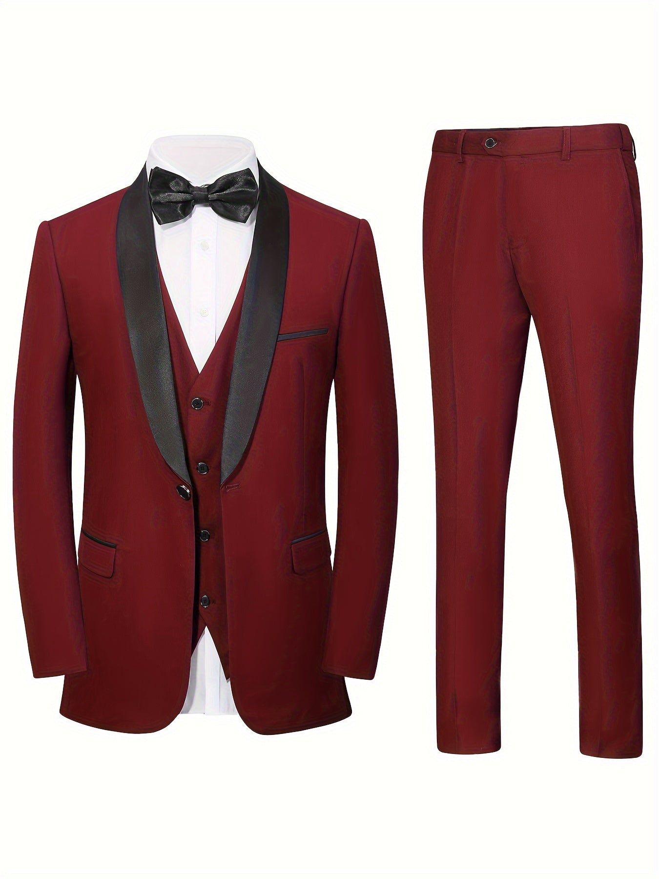 Men's 3pcs Set Of Formal Wear, Shawl Lapel Collar Buttoned Blazer, Tuxedo Waistcoat And Dress Pants, Elegant And Smart Set For Banquet, Prom And Party Wear