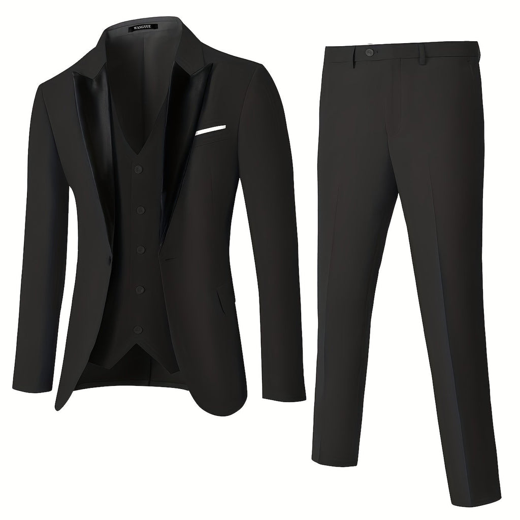 Formal 3 Pieces Set, Men's Peak Lapels Suit Jacket & Single Breasted Vest & Dress Pants Suit Set For Business Banquet Wedding Party