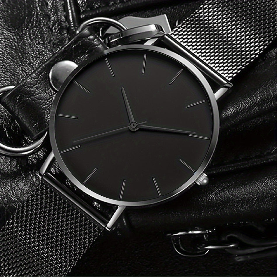 3pcs/set Fashion Men's Business Bracelet, Necklace, Watch, Simple Men Black Stainless Steel Mesh Belt Quartz Watch