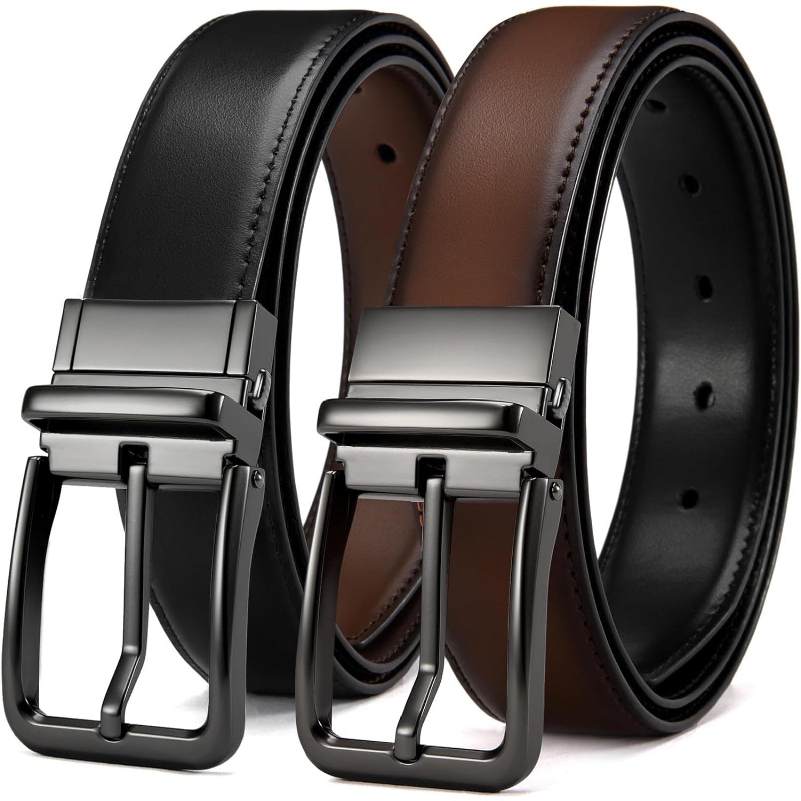 1 3/8 Genuine Leather Reversible Belt for Men - 2-in-1 Simple Design, Alloy Buckle, Square Button, Average Size - Perfect for Dress Pants