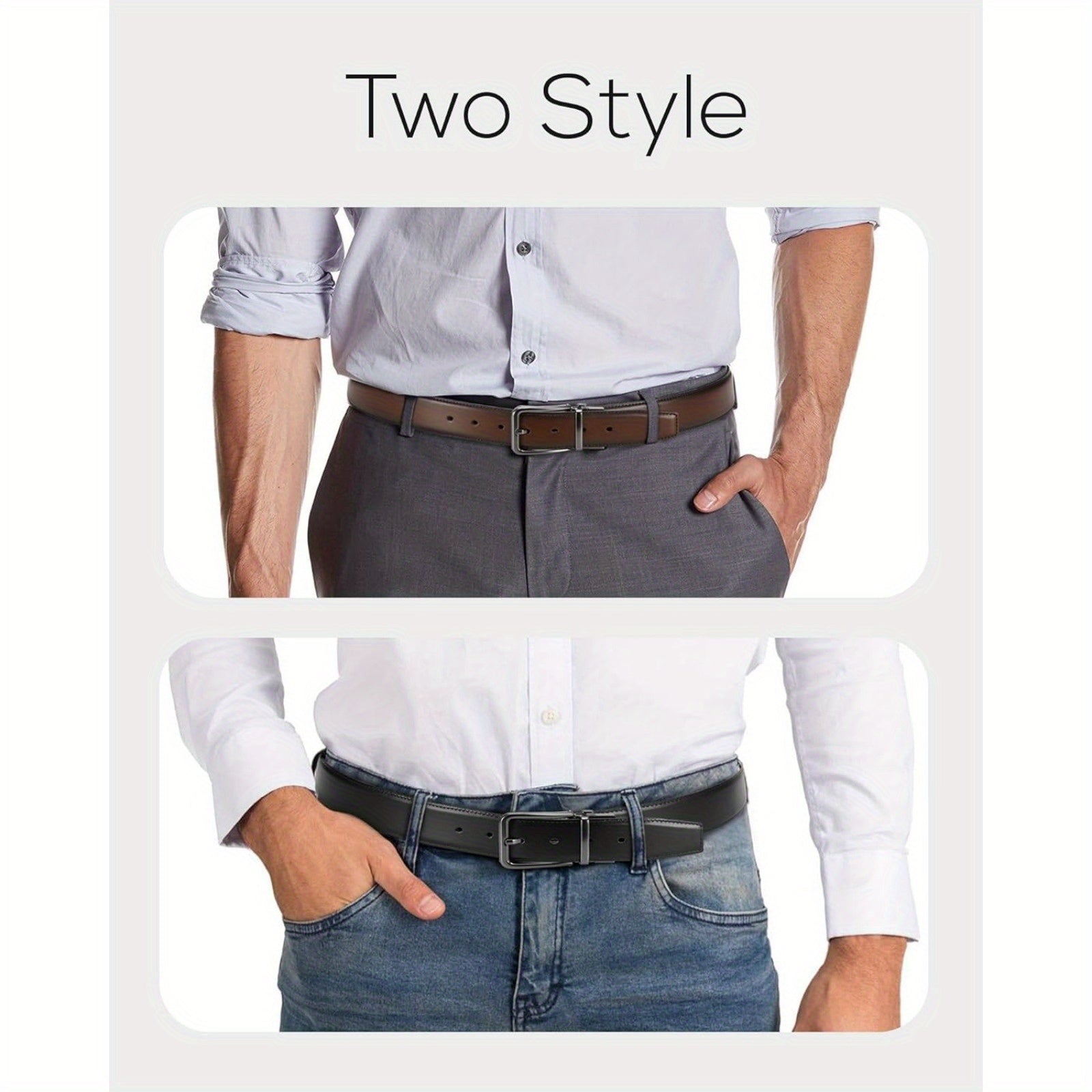 1 3/8 Genuine Leather Reversible Belt for Men - 2-in-1 Simple Design, Alloy Buckle, Square Button, Average Size - Perfect for Dress Pants
