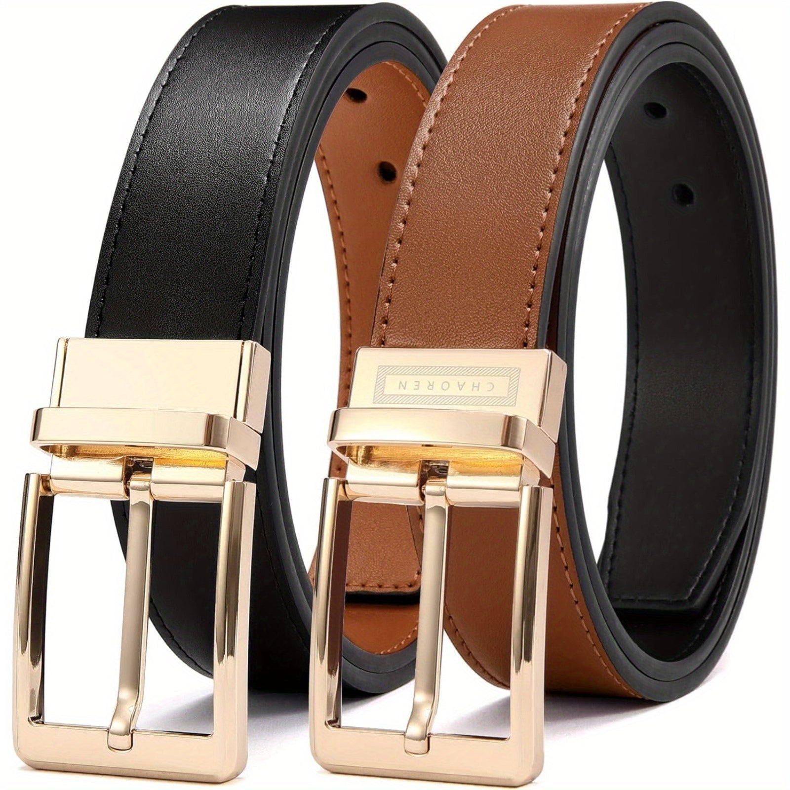 1 3/8 Genuine Leather Reversible Belt for Men - 2-in-1 Simple Design, Alloy Buckle, Square Button, Average Size - Perfect for Dress Pants