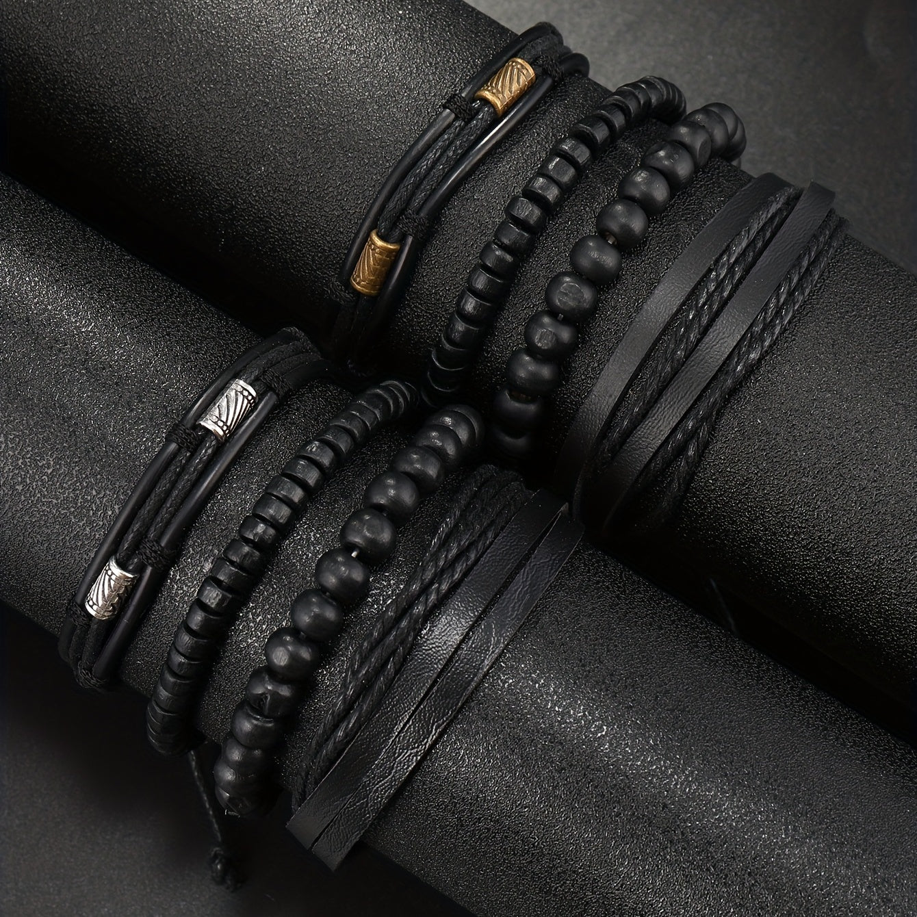 4pcs/set Trendy Boho Bead Black Multilayer PU Leather Bracelet For Men, Holiday Birthday Gift For Boyfriends