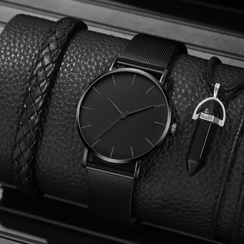 3pcs/set Fashion Men's Business Bracelet, Necklace, Watch, Simple Men Black Stainless Steel Mesh Belt Quartz Watch