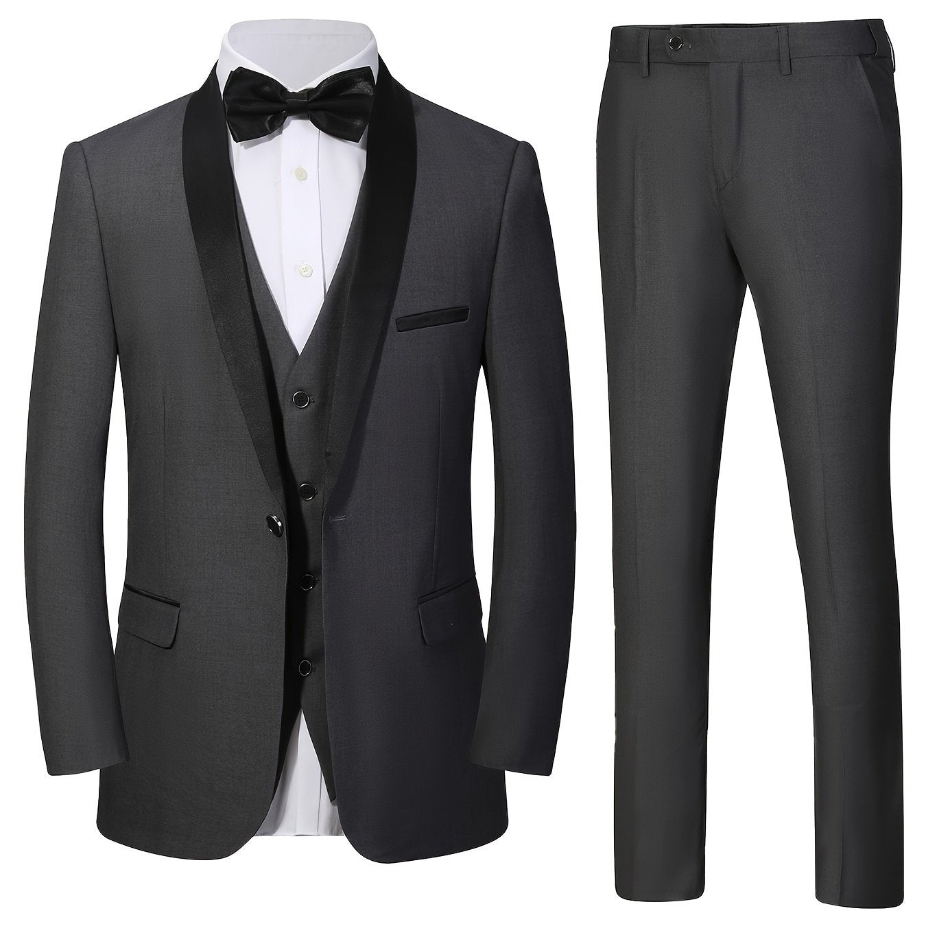 Men's 3pcs Set Of Formal Wear, Shawl Lapel Collar Buttoned Blazer, Tuxedo Waistcoat And Dress Pants, Elegant And Smart Set For Banquet, Prom And Party Wear