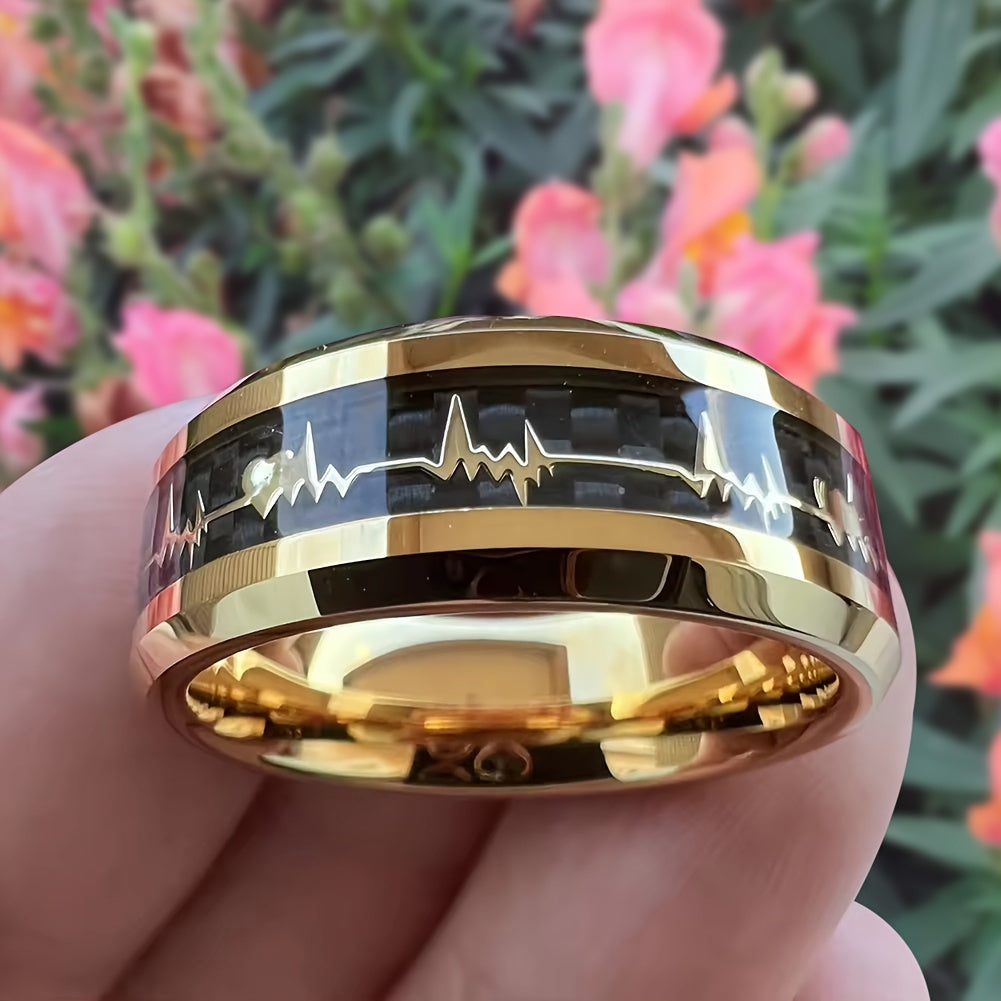 New Tungsten Steel Ring, Black Ring With Pattern Of Golden ECG, Couple Ring, High-Quality Black Tungsten Ring For Men, Fashion Engagement Wedding Band