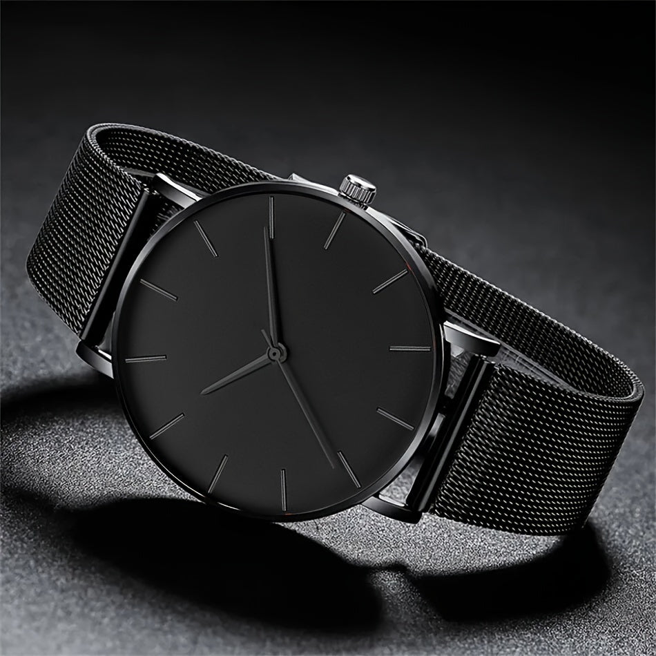 3pcs/set Fashion Men's Business Bracelet, Necklace, Watch, Simple Men Black Stainless Steel Mesh Belt Quartz Watch