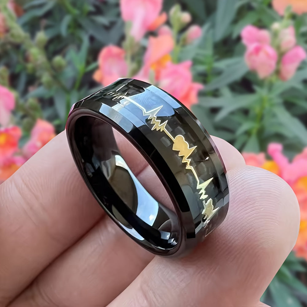 New Tungsten Steel Ring, Black Ring With Pattern Of Golden ECG, Couple Ring, High-Quality Black Tungsten Ring For Men, Fashion Engagement Wedding Band