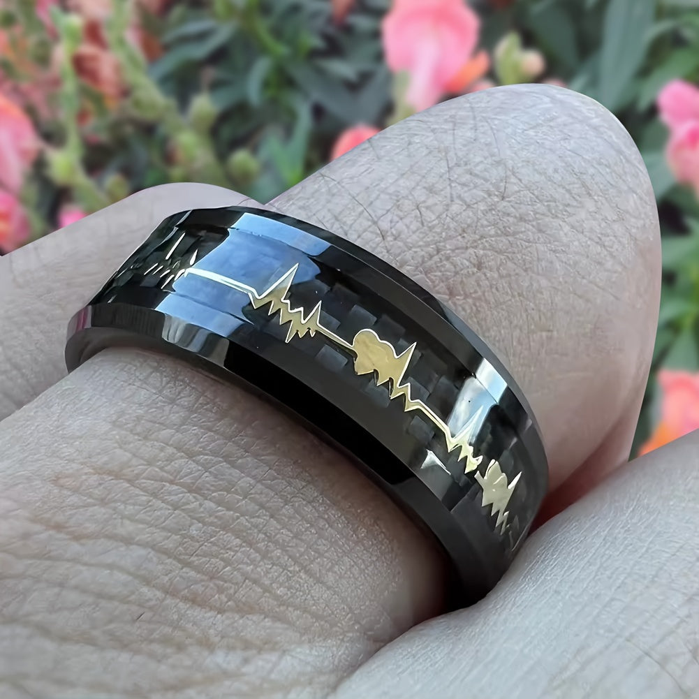 New Tungsten Steel Ring, Black Ring With Pattern Of Golden ECG, Couple Ring, High-Quality Black Tungsten Ring For Men, Fashion Engagement Wedding Band