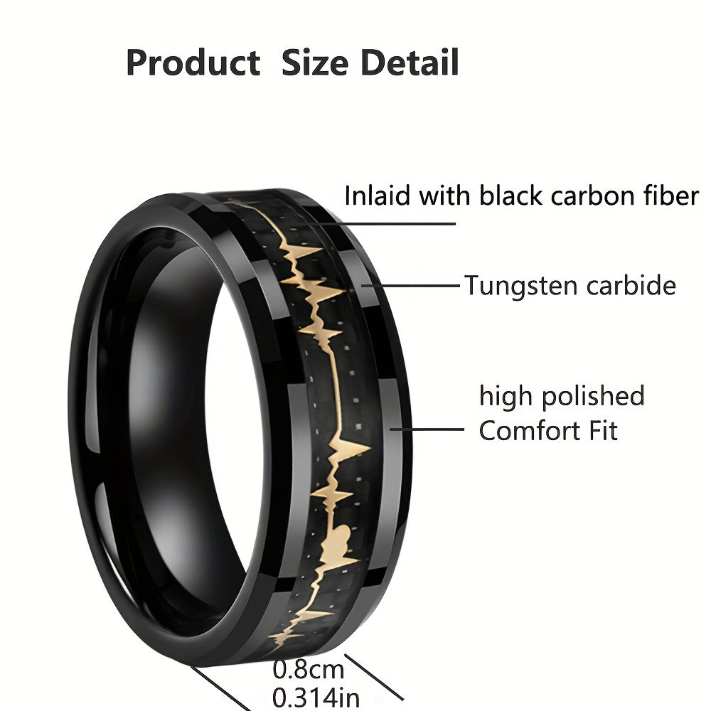 New Tungsten Steel Ring, Black Ring With Pattern Of Golden ECG, Couple Ring, High-Quality Black Tungsten Ring For Men, Fashion Engagement Wedding Band