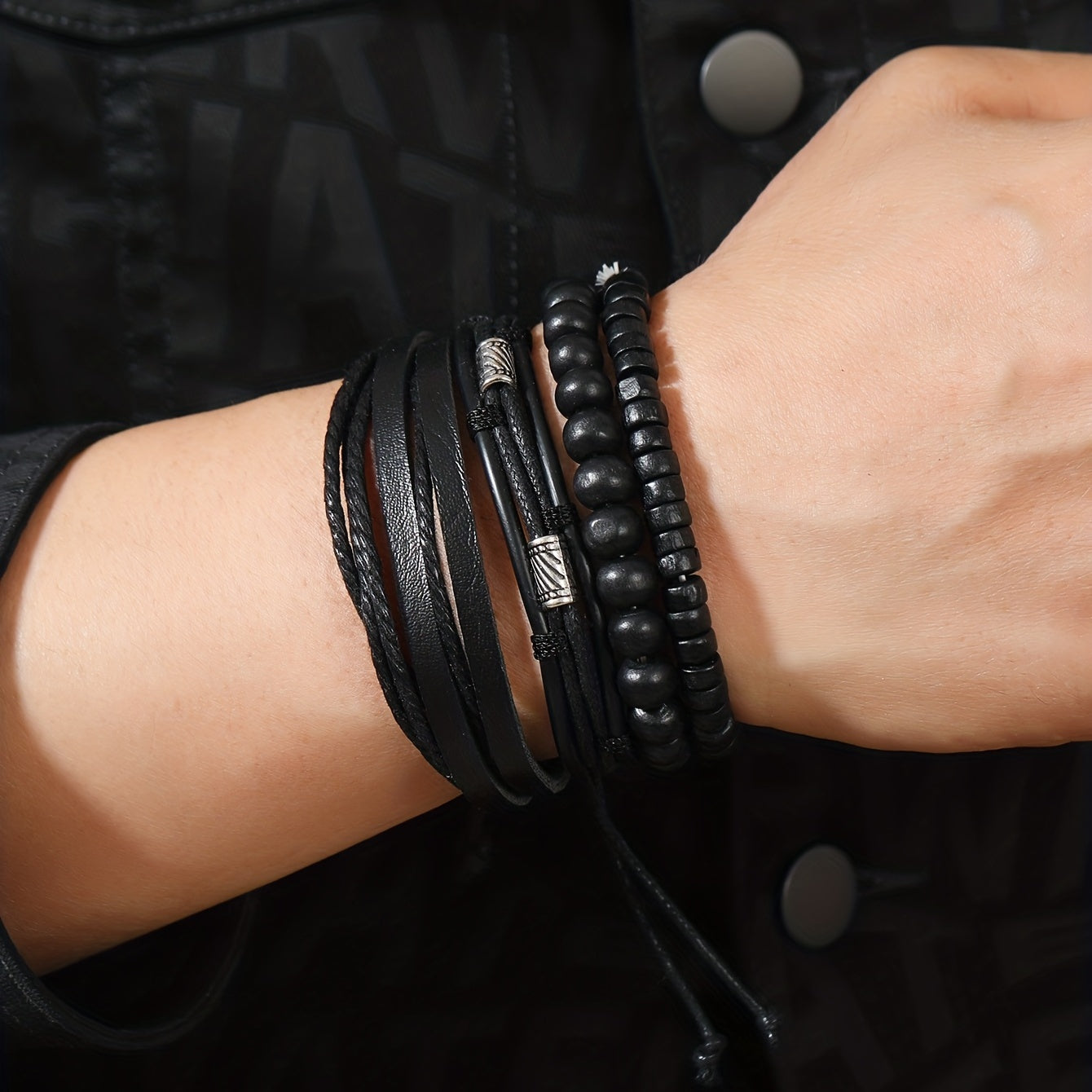 4pcs/set Trendy Boho Bead Black Multilayer PU Leather Bracelet For Men, Holiday Birthday Gift For Boyfriends