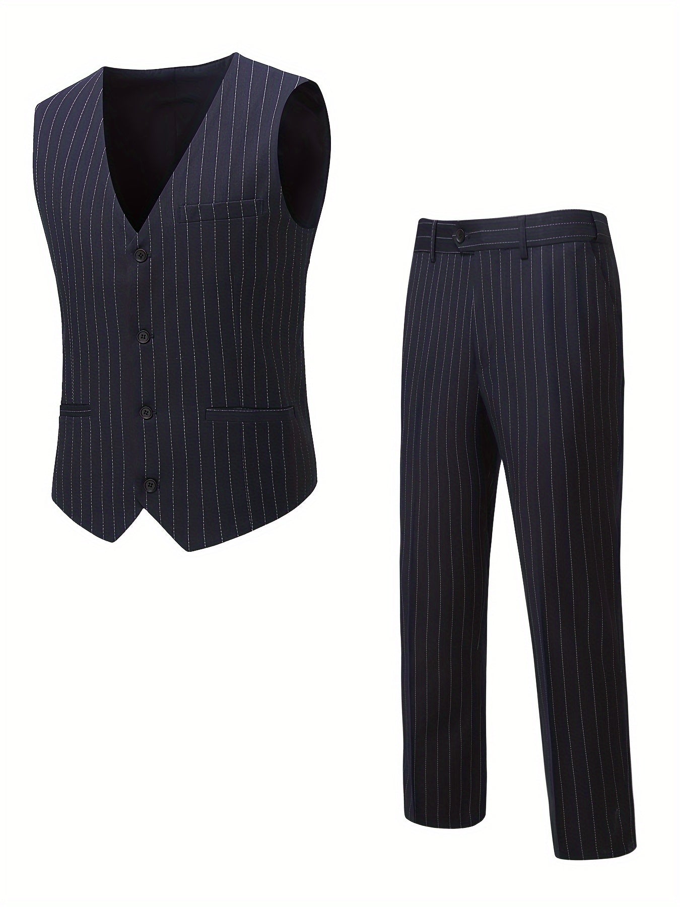 2 Pieces Formal Suit Set - Stylish Striped Pattern, Classic Single Breasted Design, Includes Vest and Dress Pants - Perfect for Business, Dinner, Wedding Party, Exclusively for Men