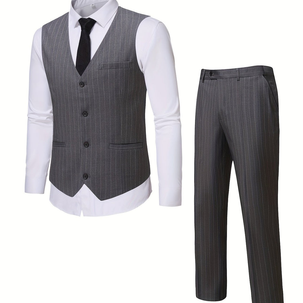 2 Pieces Formal Suit Set - Stylish Striped Pattern, Classic Single Breasted Design, Includes Vest and Dress Pants - Perfect for Business, Dinner, Wedding Party, Exclusively for Men