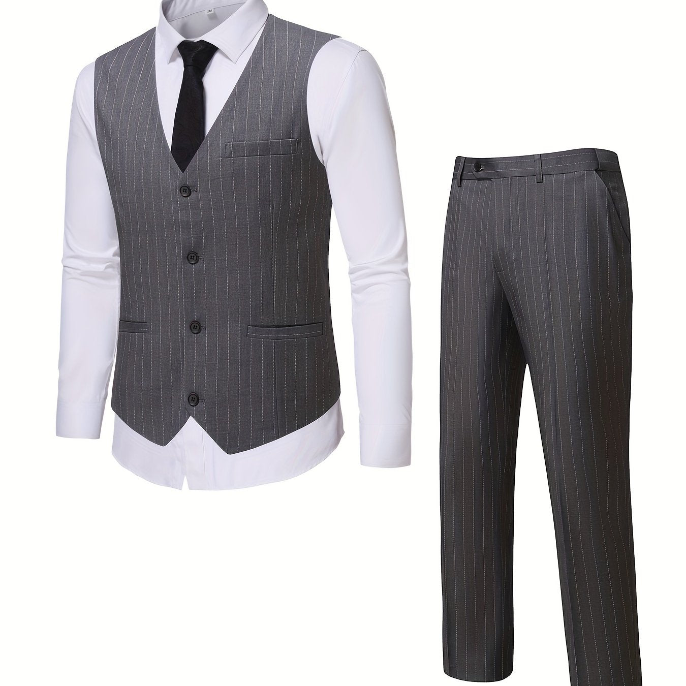 2 Pieces Formal Suit Set - Stylish Striped Pattern, Classic Single Breasted Design, Includes Vest and Dress Pants - Perfect for Business, Dinner, Wedding Party, Exclusively for Men
