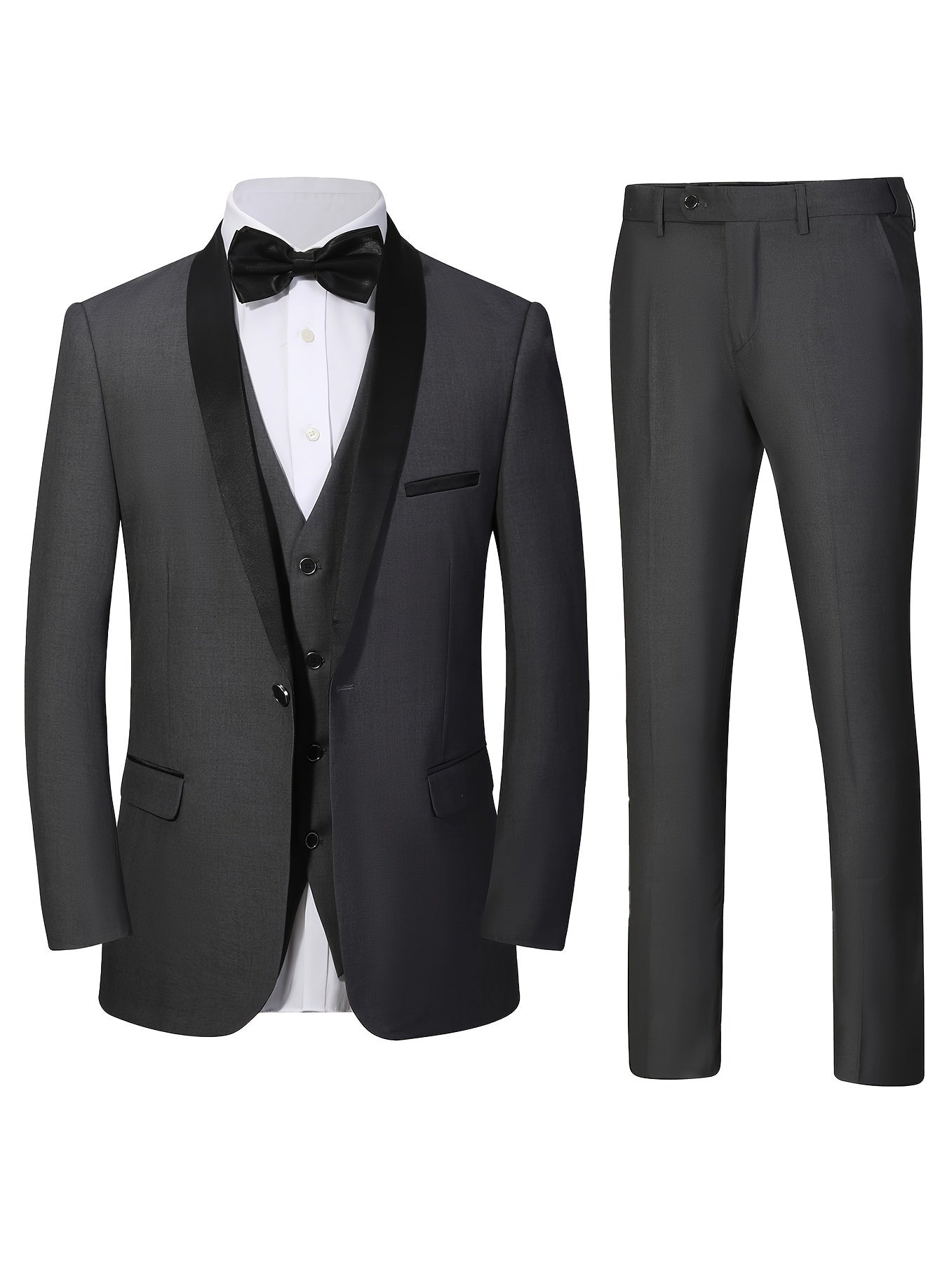 Men's 3pcs Set Of Formal Wear, Shawl Lapel Collar Buttoned Blazer, Tuxedo Waistcoat And Dress Pants, Elegant And Smart Set For Banquet, Prom And Party Wear