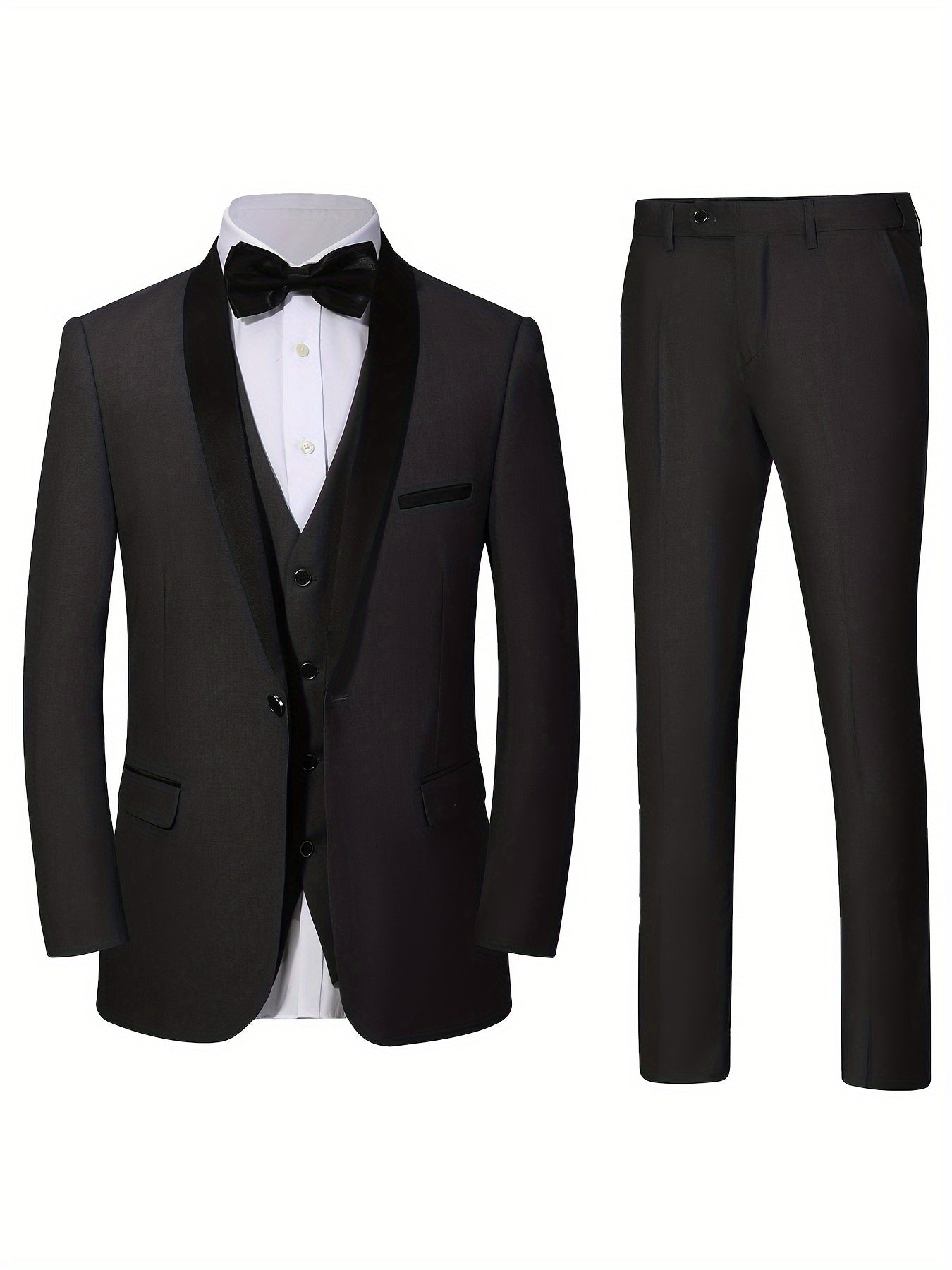 Men's 3pcs Set Of Formal Wear, Shawl Lapel Collar Buttoned Blazer, Tuxedo Waistcoat And Dress Pants, Elegant And Smart Set For Banquet, Prom And Party Wear