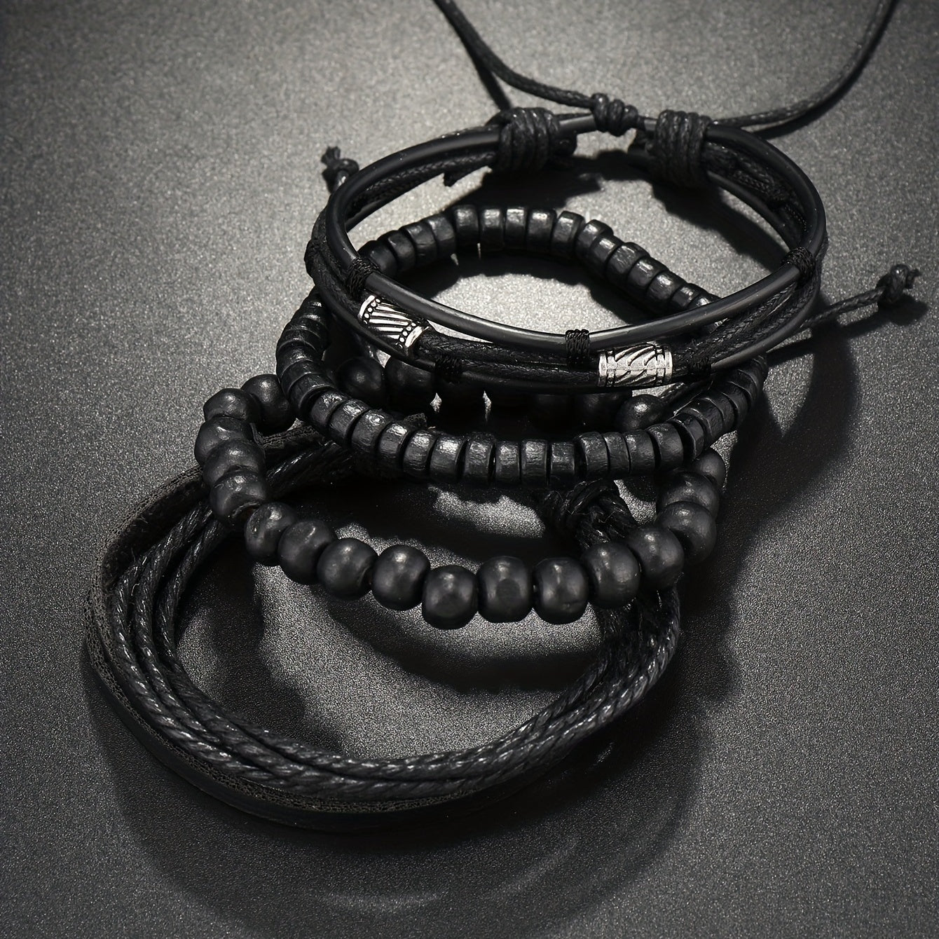 4pcs/set Trendy Boho Bead Black Multilayer PU Leather Bracelet For Men, Holiday Birthday Gift For Boyfriends