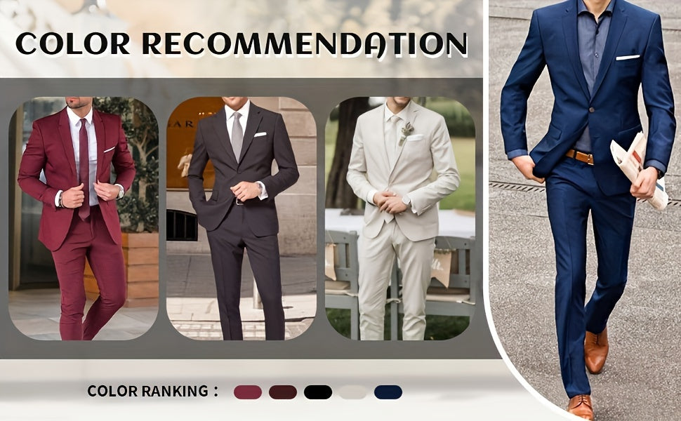 2 Pieces Men's Formal Suit Set - One Button Jacket & Dress Pants for Business, Dinner, Wedding, Party Occasions