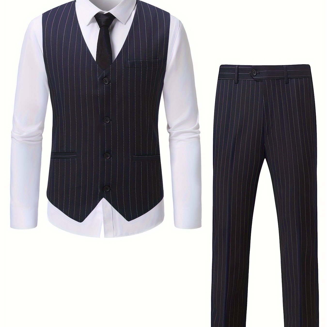 2 Pieces Formal Suit Set - Stylish Striped Pattern, Classic Single Breasted Design, Includes Vest and Dress Pants - Perfect for Business, Dinner, Wedding Party, Exclusively for Men