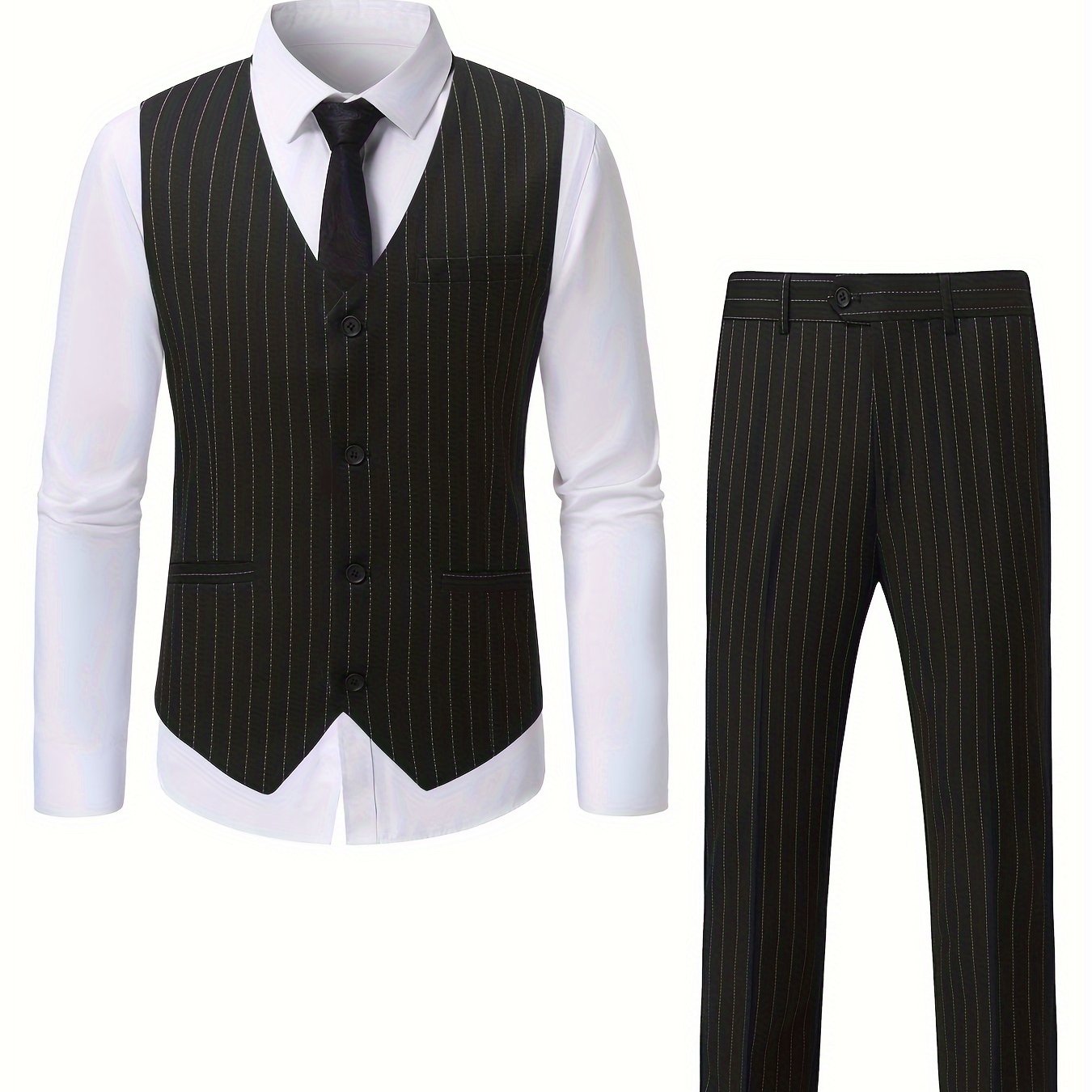 2 Pieces Formal Suit Set - Stylish Striped Pattern, Classic Single Breasted Design, Includes Vest and Dress Pants - Perfect for Business, Dinner, Wedding Party, Exclusively for Men