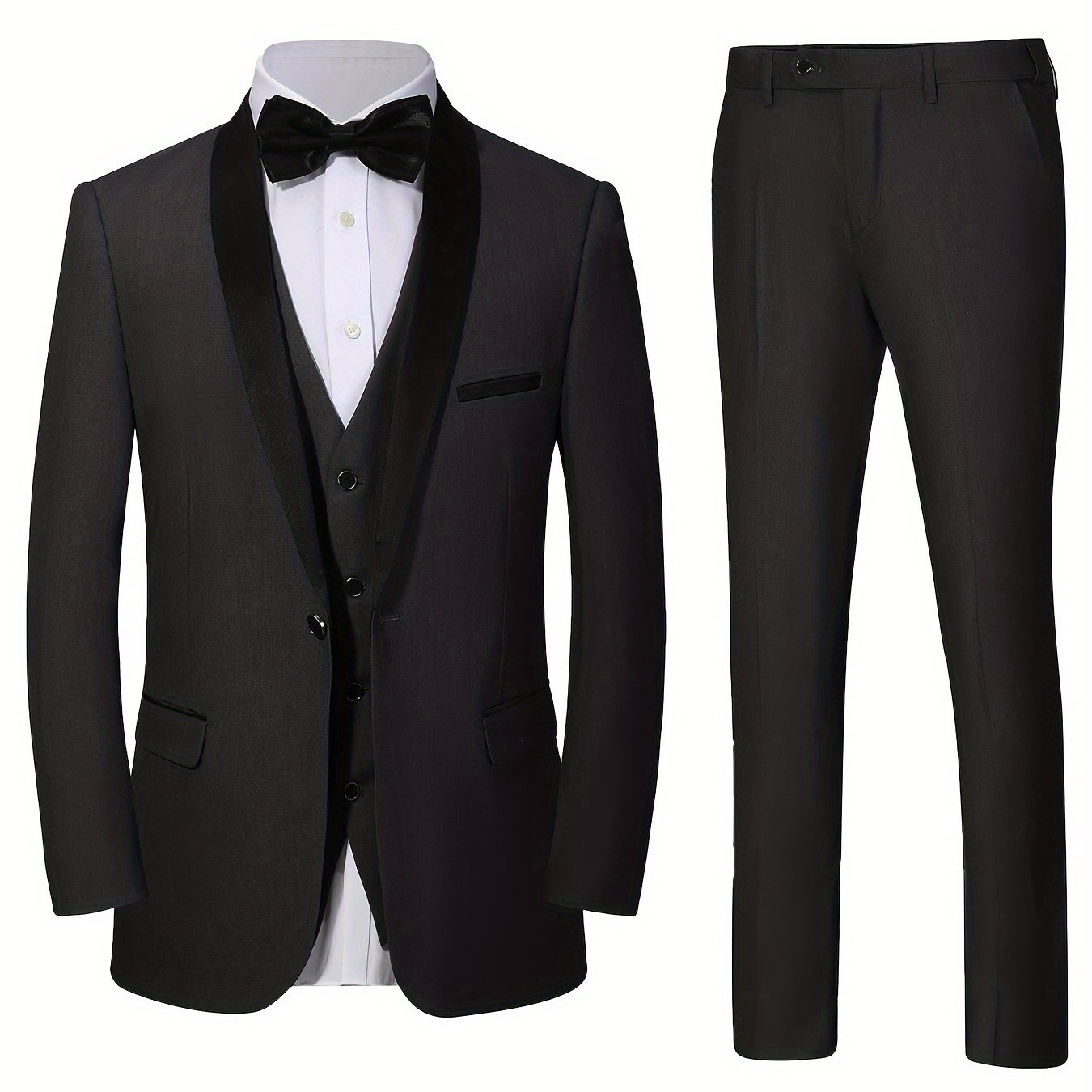 Men's 3pcs Set Of Formal Wear, Shawl Lapel Collar Buttoned Blazer, Tuxedo Waistcoat And Dress Pants, Elegant And Smart Set For Banquet, Prom And Party Wear