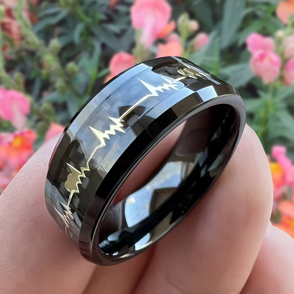 New Tungsten Steel Ring, Black Ring With Pattern Of Golden ECG, Couple Ring, High-Quality Black Tungsten Ring For Men, Fashion Engagement Wedding Band