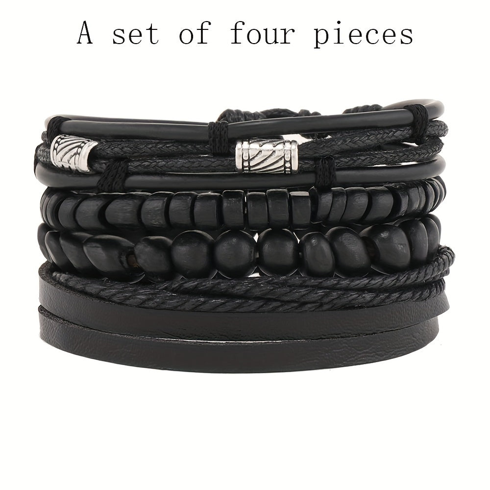 4pcs/set Trendy Boho Bead Black Multilayer PU Leather Bracelet For Men, Holiday Birthday Gift For Boyfriends