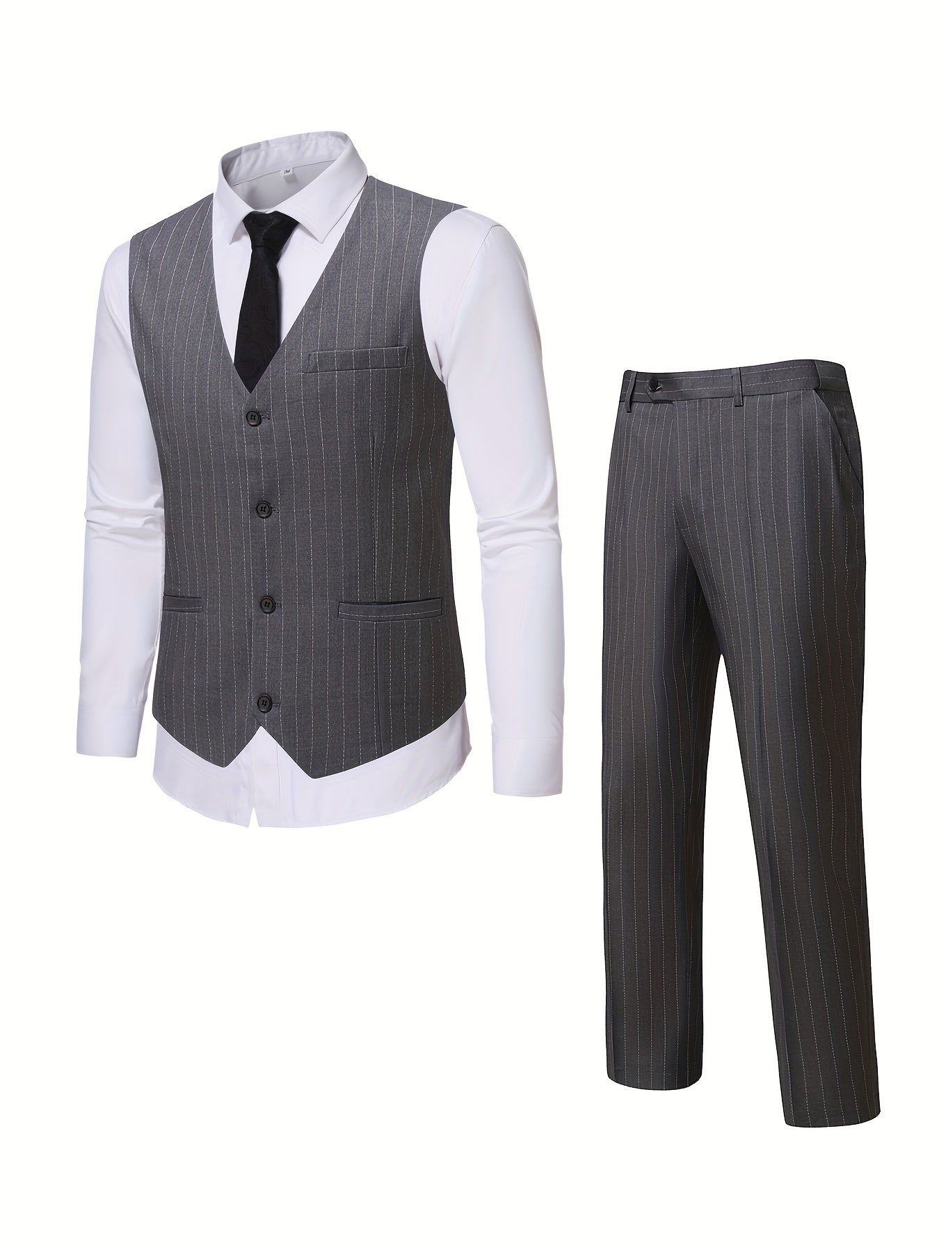 2 Pieces Formal Suit Set - Stylish Striped Pattern, Classic Single Breasted Design, Includes Vest and Dress Pants - Perfect for Business, Dinner, Wedding Party, Exclusively for Men