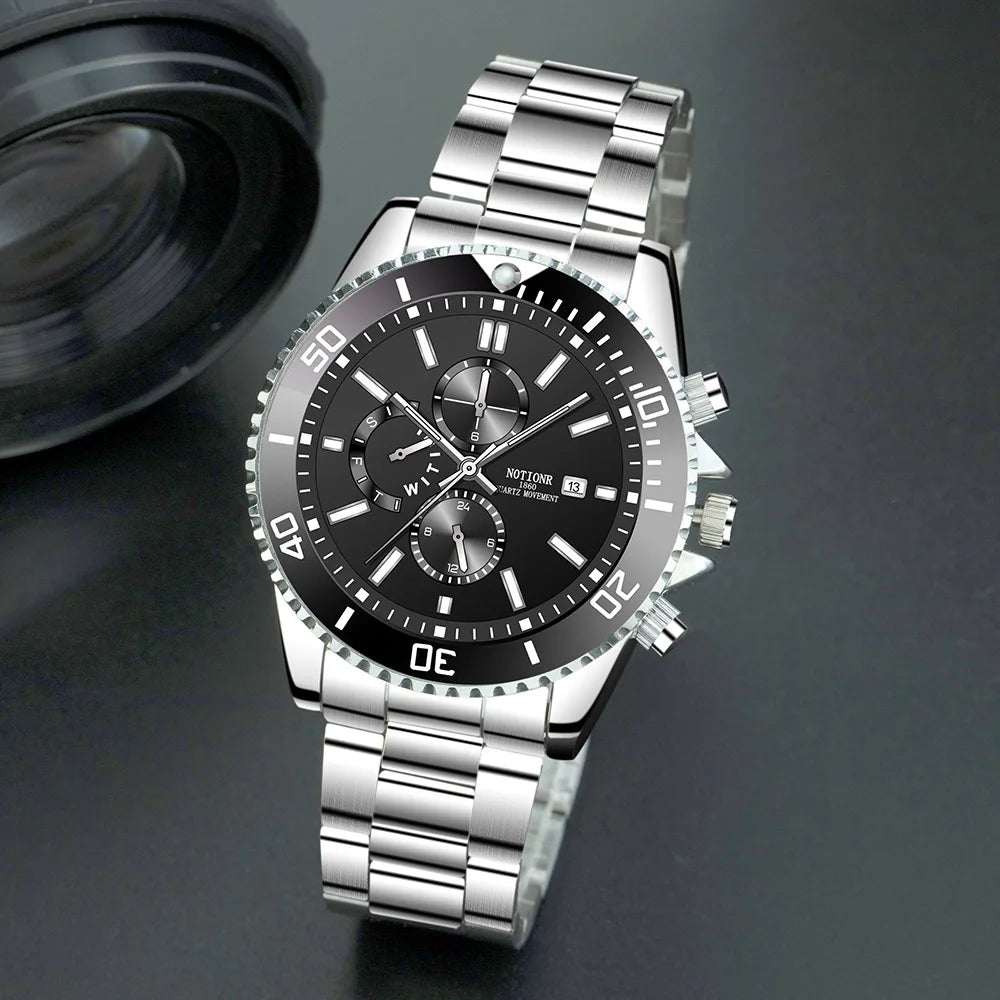 Men's Watches Top Brand Luxury Watch for Men Original Waterproof Stainless Steel Chronograph Moon Phase Date Rota Dial