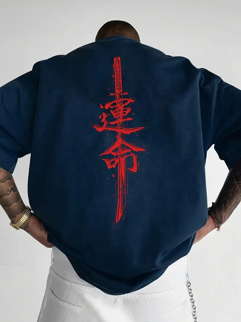A men's short sleeved T-shirt made of pure cotton with a Japanese samurai sword pattern printed on it, regular style, fashionabl