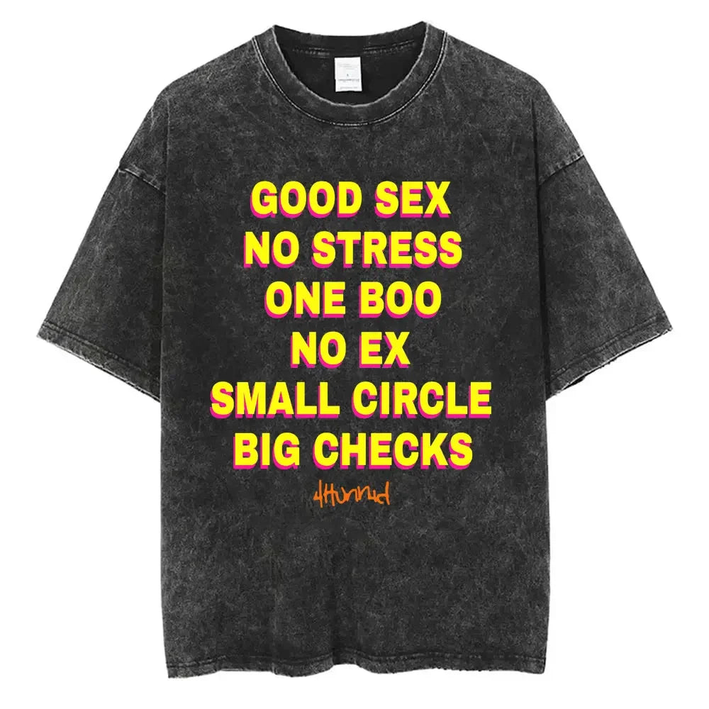 Mens Clothes Tee Shirt Homme T-Shirts Tshirt for Women Good Sex No Stress One Boo No Ex Small Circle Big Checks Vintag Washed