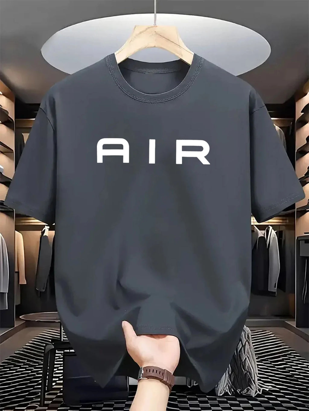 Men'S Navy T-Shirt - Soft Stretchy Fabric, Loose Fit Round Neck Short Sleeve Tee with Bold AIR Lettering, Lightweight Summer