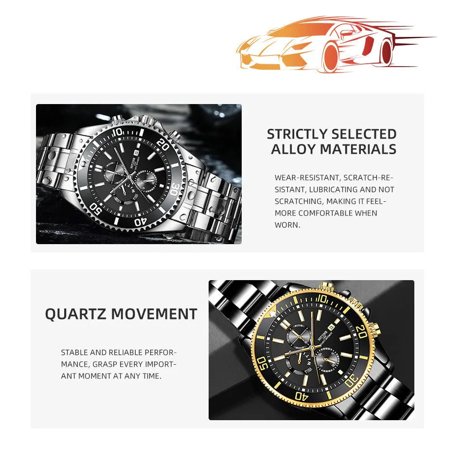 Men's Watches Top Brand Luxury Watch for Men Original Waterproof Stainless Steel Chronograph Moon Phase Date Rota Dial