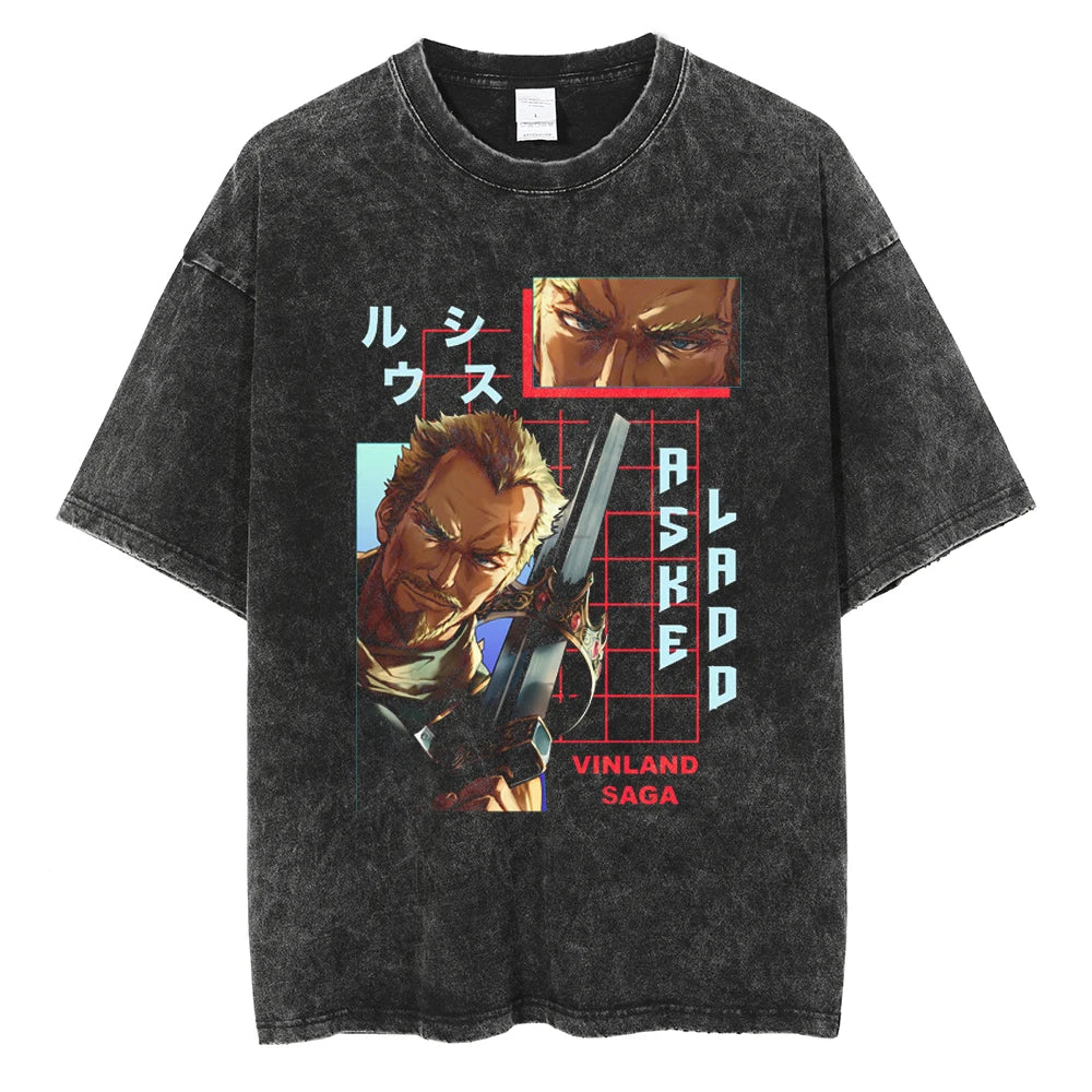 Men Washed T Shirt Fashion Hip Hop Streetwear Anime Print T-Shirt Vintage Tops Cotton 2024 Summer Short Sleeve Loose Tshirt