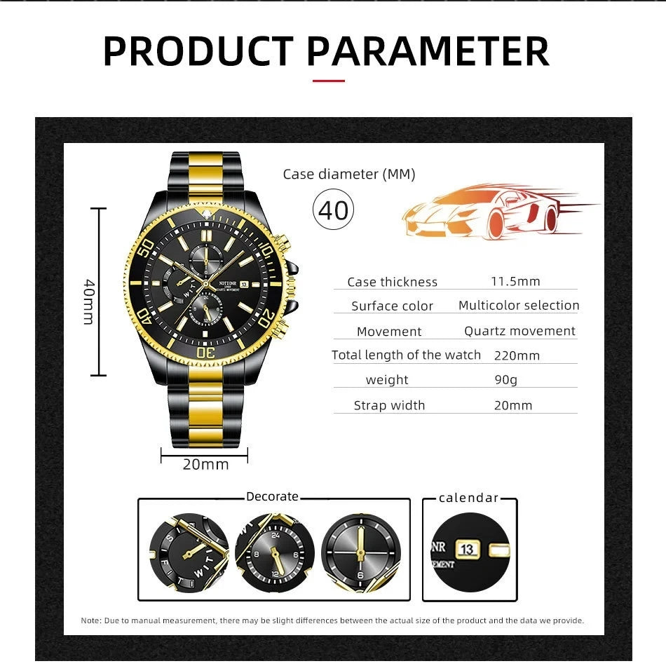 Men's Watches Top Brand Luxury Watch for Men Original Waterproof Stainless Steel Chronograph Moon Phase Date Rota Dial