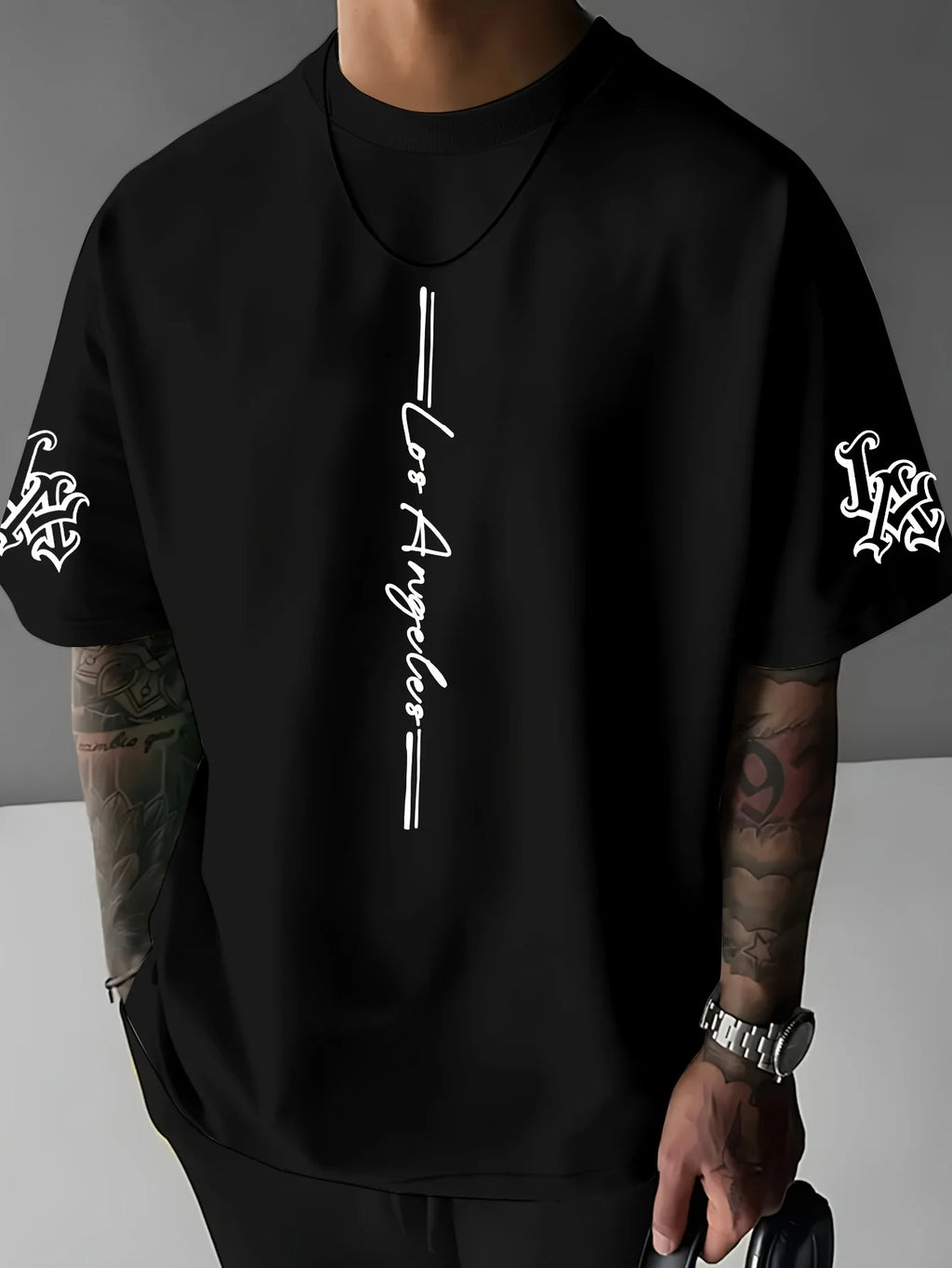 The 2025 summer new men's T-shirt is a casual fashionable and creative line letter print round-neck T-shirt with polyester men