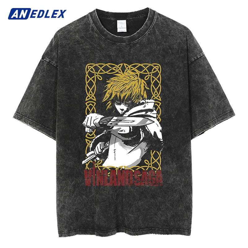 Men Washed T Shirt Fashion Hip Hop Streetwear Anime Print T-Shirt Vintage Tops Cotton 2024 Summer Short Sleeve Loose Tshirt