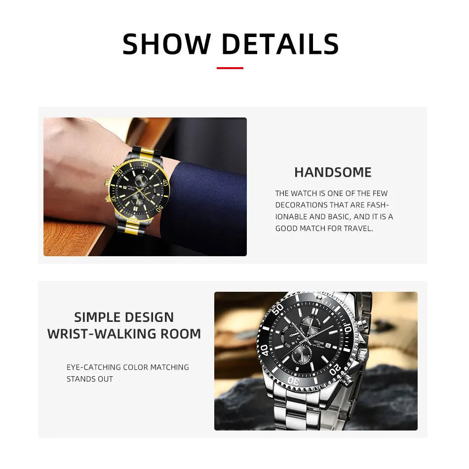 Men's Watches Top Brand Luxury Watch for Men Original Waterproof Stainless Steel Chronograph Moon Phase Date Rota Dial