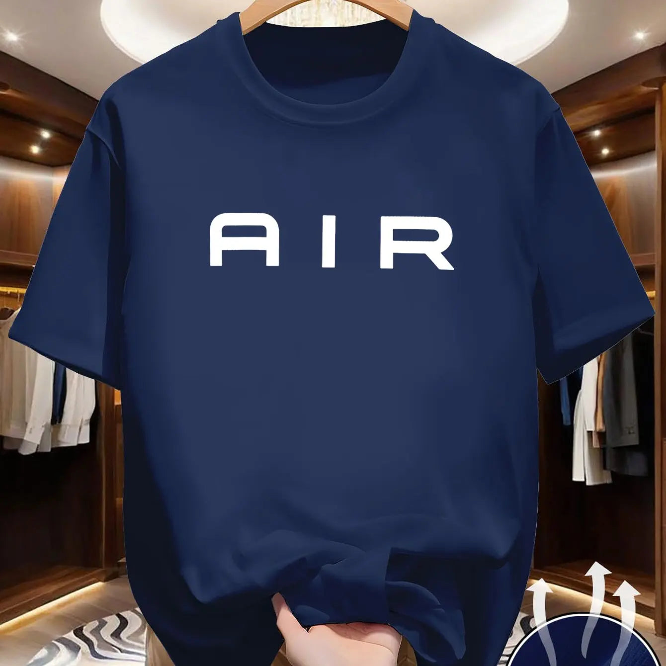 Men'S Navy T-Shirt - Soft Stretchy Fabric, Loose Fit Round Neck Short Sleeve Tee with Bold AIR Lettering, Lightweight Summer