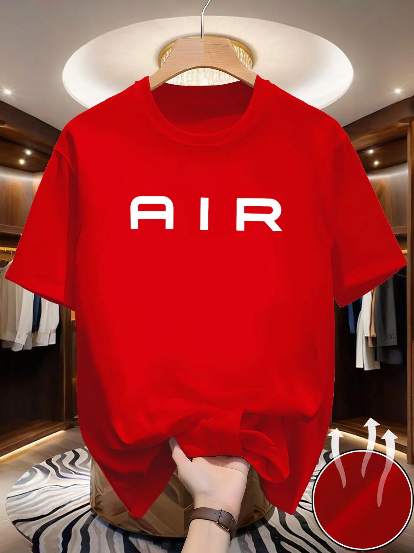 Men'S Navy T-Shirt - Soft Stretchy Fabric, Loose Fit Round Neck Short Sleeve Tee with Bold AIR Lettering, Lightweight Summer