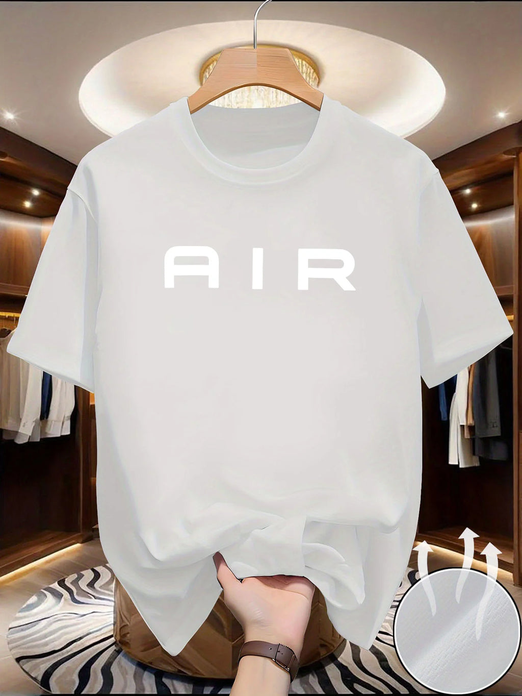 Men'S Navy T-Shirt - Soft Stretchy Fabric, Loose Fit Round Neck Short Sleeve Tee with Bold AIR Lettering, Lightweight Summer