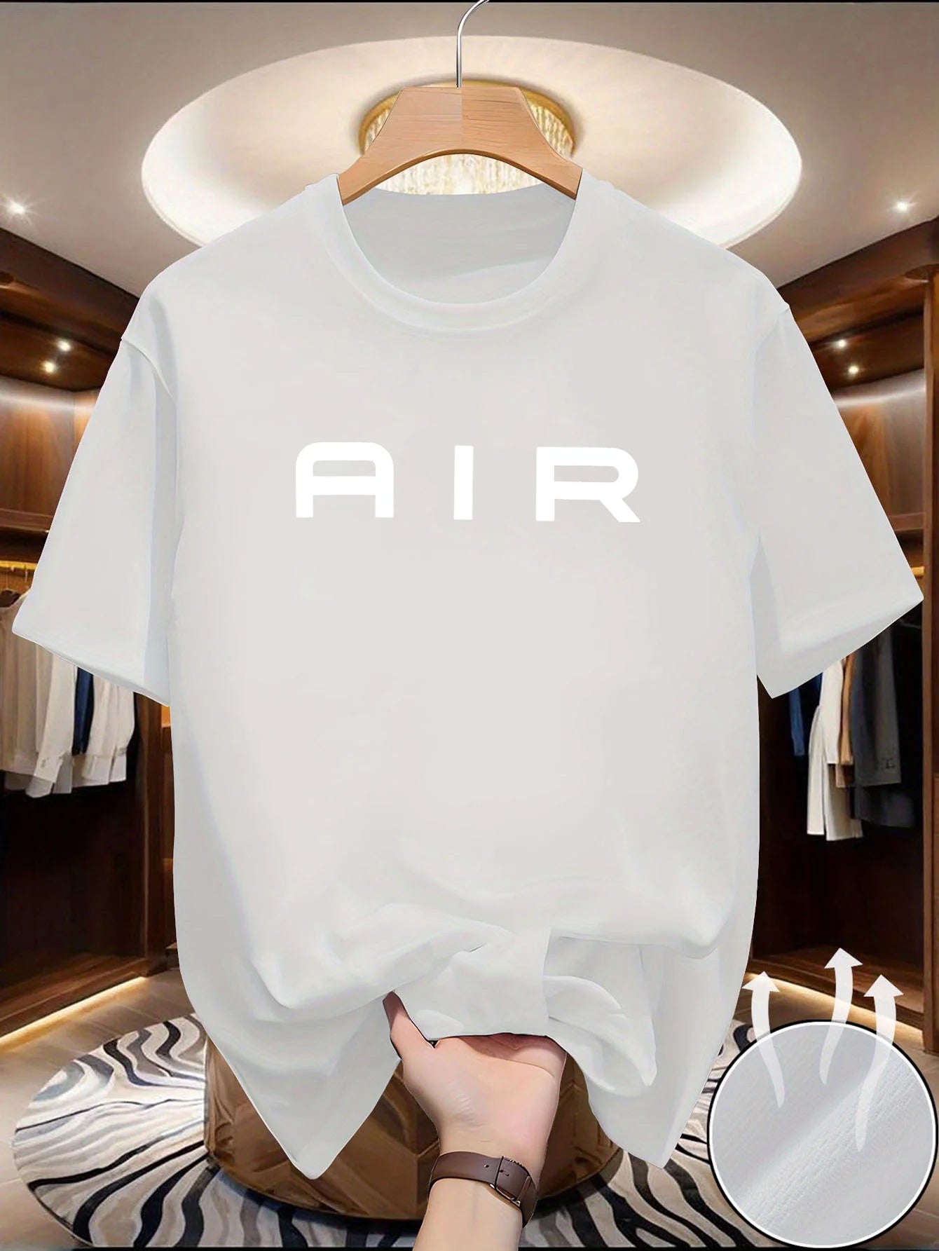 Men'S Navy T-Shirt - Soft Stretchy Fabric, Loose Fit Round Neck Short Sleeve Tee with Bold AIR Lettering, Lightweight Summer