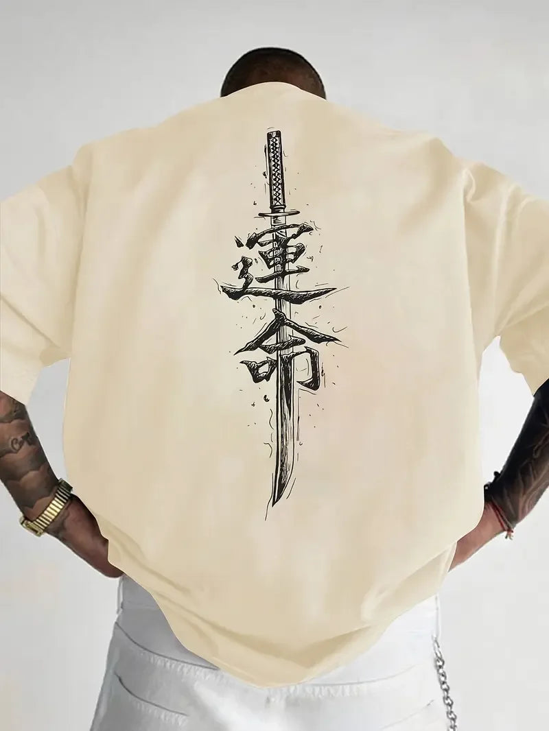A men's short sleeved T-shirt made of pure cotton with a Japanese samurai sword pattern printed on it, regular style, fashionabl