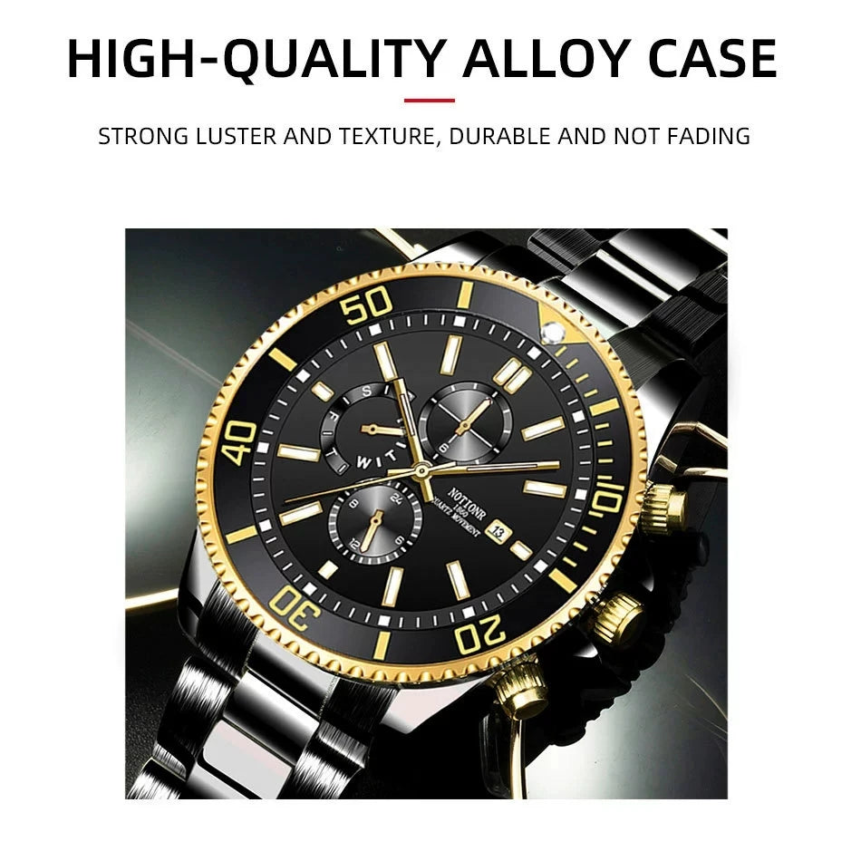 Men's Watches Top Brand Luxury Watch for Men Original Waterproof Stainless Steel Chronograph Moon Phase Date Rota Dial