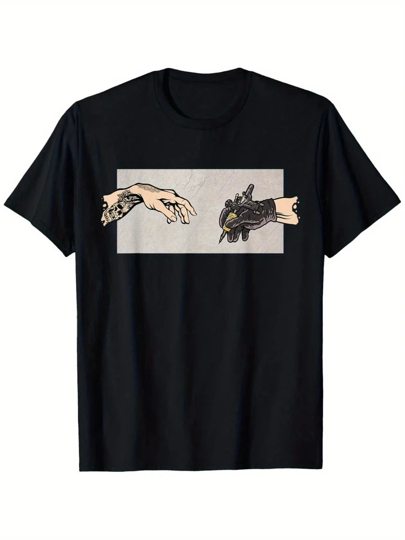 Men Black Graphic T-Shirt - Tattoo Artist Design with Hands Bird Everyday Special Occasion Tee Machine Washable Casual Shirt