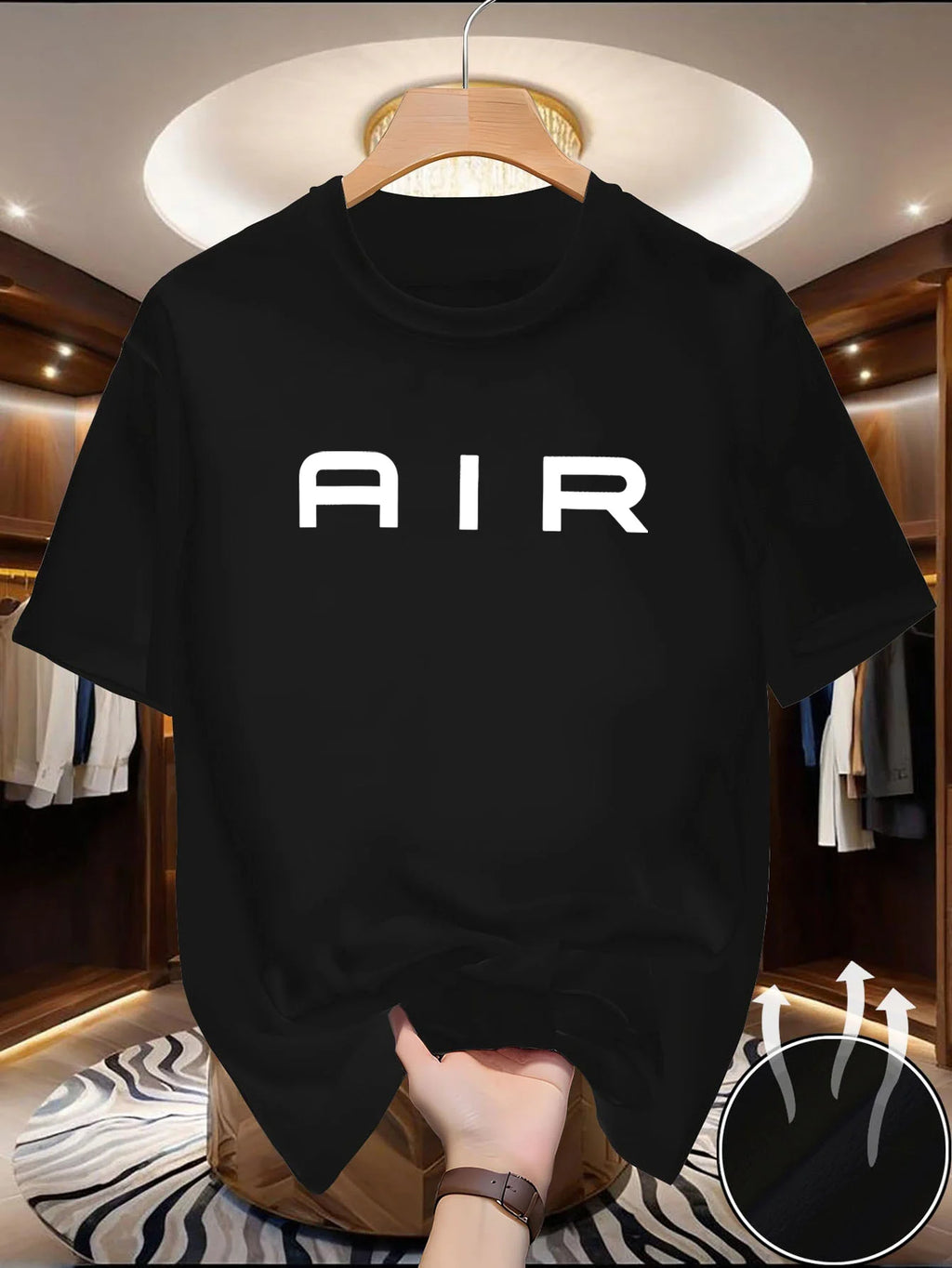 Men'S Navy T-Shirt - Soft Stretchy Fabric, Loose Fit Round Neck Short Sleeve Tee with Bold AIR Lettering, Lightweight Summer