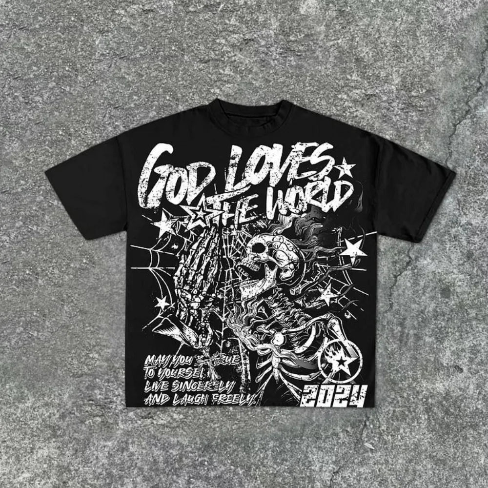 Fashionable new men's personalized skull graffiti print, comfortable and breathable round neck T-shirt outdoor street style top